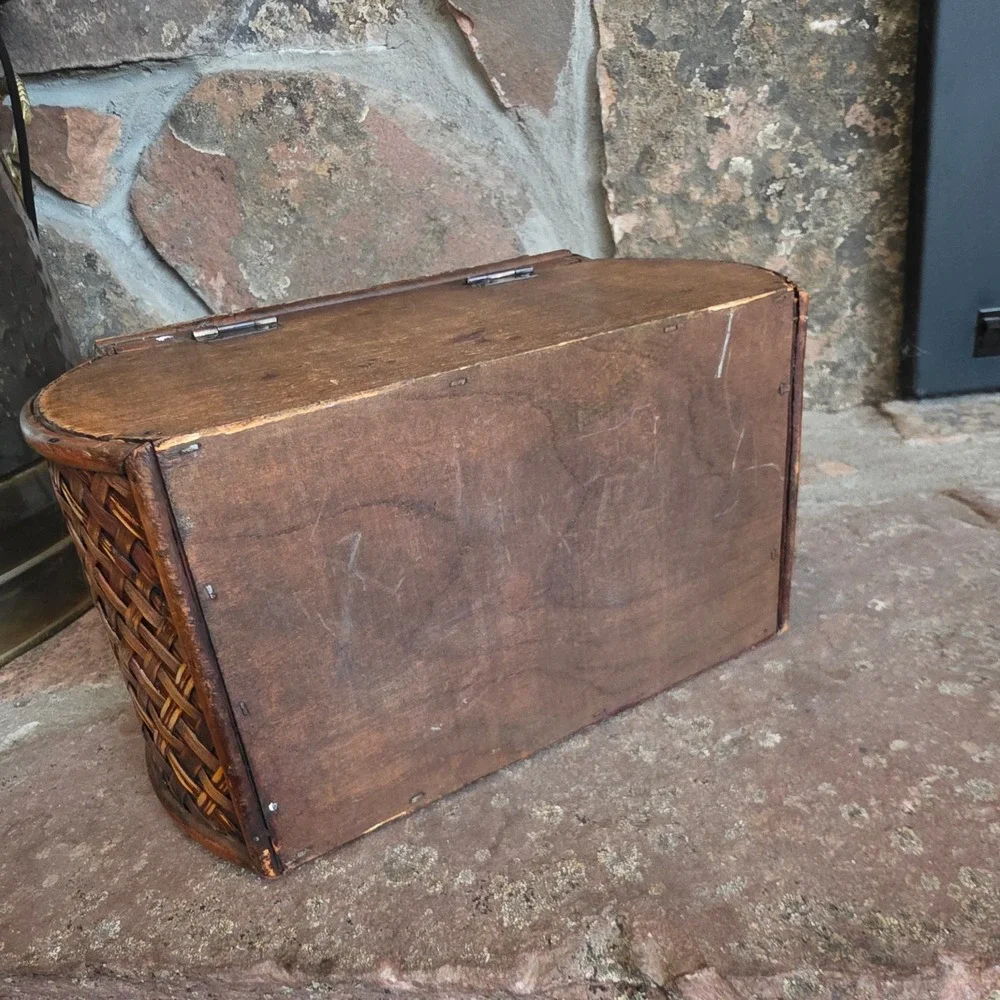 Vintage Woven Wicker Treasure Chest Bamboo wood Box Domed Trunk storage lined